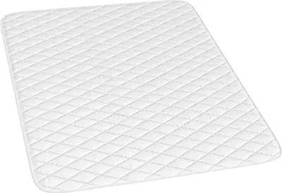 A white quilted mattress protector is shown from a slightly elevated angle against a white background.