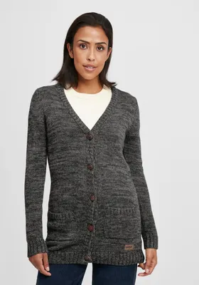 Produktbild von OXMO OXPhilemona Damen Lange Strickjacke Grobstrick Cardigan Longstrickjacke mit aufgesetzten Taschen Knöpfen 100% Baumwolle Regular fit