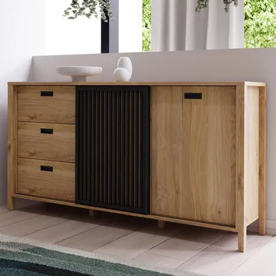 Produktbild von Forte JYTANA Sideboard 170 180, skandinavisches Sideboard mit 3 Schubladen und 2 Schranktüren, Holzwerkstoff, Mauvella Eich Holzdekor / Schwarz, 174,8 cm breit x 91,5 cm hoch x 40,2 cm tief