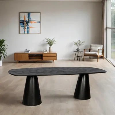 Image de Zita Home, table de salle à manger ovale, pieds à double colonne, 200 cm, noir, bois de manguier