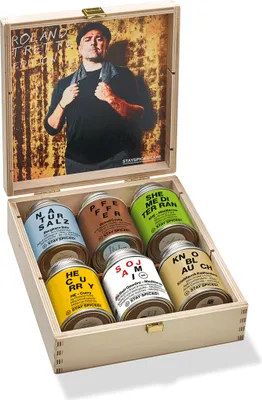 Produktbild von Roland Trettl´s 6 Lieblingsgewürze in schöner Holzbox I Gewürze Geschenkset für Mann und Frau I 6 x Reingewürze & Gewürzmischungen in 170 ml Weißblechdosen I LIMITED EDITION