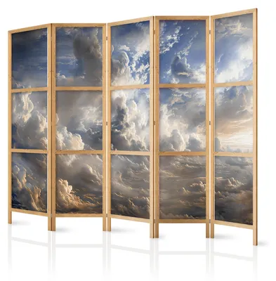 Immagine prodotto di Pannello divisorio giapponese, 5 ante, pieghevole, realizzato in tessuto non tessuto di alta qualità, motivo "nuvole" con effetto 3D, ideale per la camera da letto, dimensioni 225 cm x 172 cm