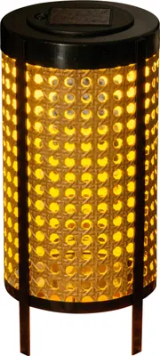 A solar-powered lantern with a woven cane-like exterior and a black top and base.