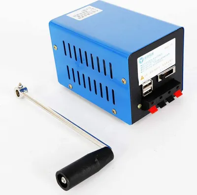 A blue hand-crank generator with a silver crank handle and black grip, shown on a white background.