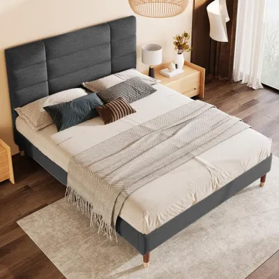 Produktbild von Polsterbett 140x200cm mit Lattenrost, gepolstertes Bettgestell mit Kopfteil, Leinenstoff in Dunkelgrau, Bett für Schlafzimmer