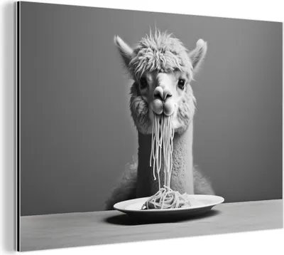 Produktbild von MuchoWow Wanddekoration Metall Metallbild Wandkunst 90x60 cm Alpaka - Nudeln - Schwarz - Weiß - Lustig - Tiere MuchoWow Aluminium Gemälde - Wandbilder