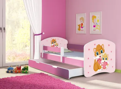 Obrázok produktu pre Posteľ pre mladých ACMA detská posteľ junior kompletná súprava s lamelovým roštom a ochranou proti vypadnutiu matraca ružová 33 mačičiek 180x80 + základňa postele