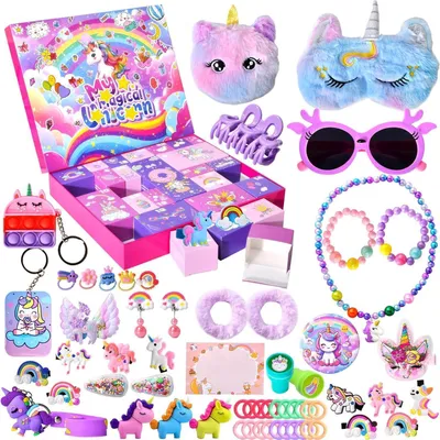Produktbild von Adventskalender Mädchen 2025 Einhorn 24 Tage Überraschungen Schmuck Haarschmuck Spielzeug