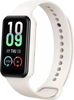 A white fitness tracker with a black screen displaying the time and health metrics.