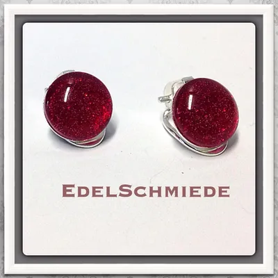 Produktbild von Ohrclips 925/- mit Glas - Cabochon rot Glitter 12 mm