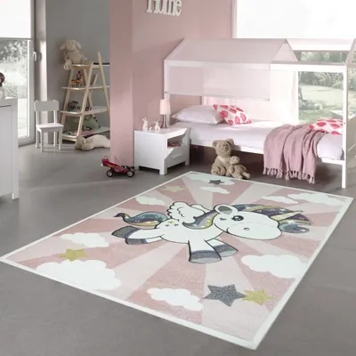 Zdjęcie produktu dla Dywanik dziecięcy Dywanik dziecięcy z tęczą jednorożca w kolorze różowo-kremowym Rozmiar - 120 x 170 cm