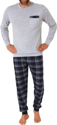 Produktbild von Normann Herren langarm Schlafanzug Pyjama mit Bündchen und karierter Jersey Hose ; grau , 56