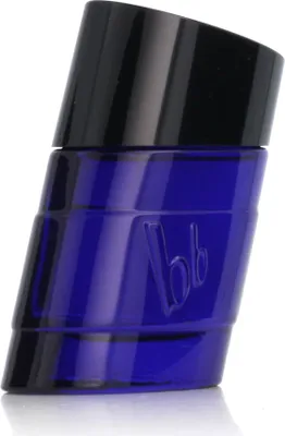 A blue glass bottle with a black cap, tilted on a white background.