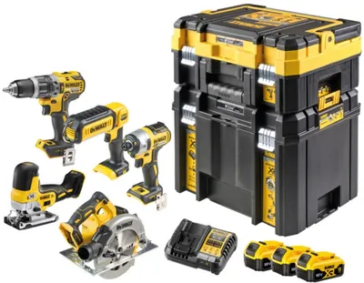 DEWALT Elektrowerkzeug-Set Combo 18V DCK500P3T mit Bohrschrauber DCD796, Schlagschrauber DCF887, Kreissäge DCS570, Säbel