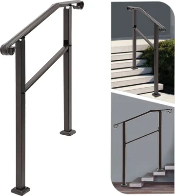 Collage of handrails for outdoor stairs, showing different angles and settings.