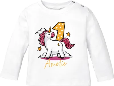 Produktbild von Langarmshirt mit Namen Zahl Geburtstagsshirt Geschenk 1. (2.) Gerburtstag Einhorn Motiv Mädchen SpecialMe® 1 Jahr weiß 80/86 (10-15 Monate)