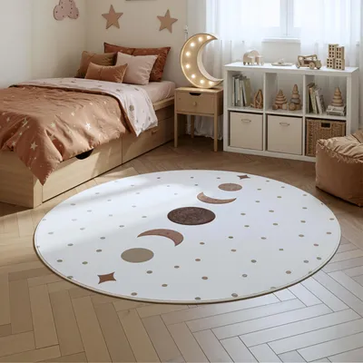 Produktbild von Homebyhome Kinderteppich Mondphasen rund 200 cm für Kinderzimmer in Creme mit Boho Design ideal für große Spielflächen