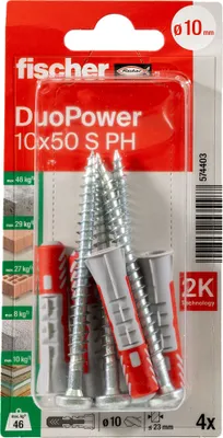 Produktbild von fischer DuoPower 10x50 mm Dübel + Panhead-Schraube 4,7x80 PH2, 4 Stk | 574403