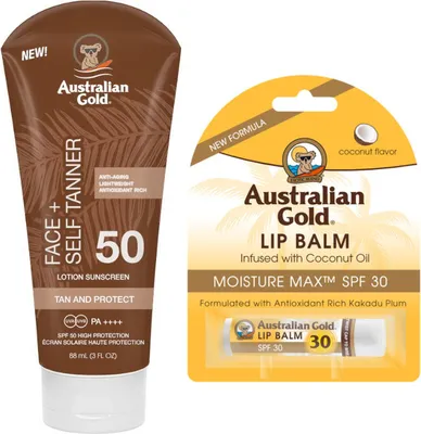Zdjęcie produktu dla Australian Gold SPF50 Balsam samoopalający do twarzy 88ml + Australian Gold Kokosowy balsam do ust SPF30 4,2g