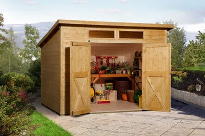 Produktbild von WEKA 325.2520.21410 Gartenhaus/Blockbohlenhaus Nova Plus mit Doppeltür/Doppelfenster ; Größe: 1 ; Farbgebung: Lasiert ; Wandstärke: 19 mm ; Maße (LxBxH): 254 cm x 194 cm x 235 cm ; Seitenwandhöhe: 186 cm