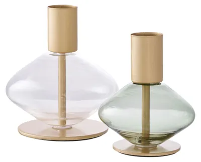 Produktbild von Set 2 Kerzenhalter aus grünem Glas und goldenem Metall