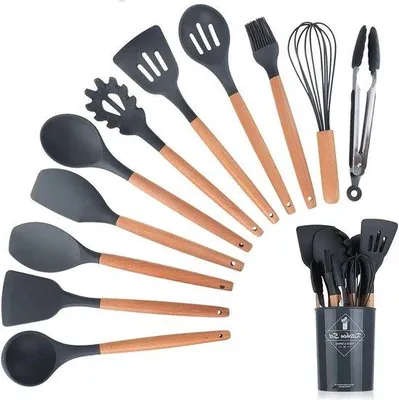 Image de Set d'ustensiles de cuisine en silicone noir, 11 pièces