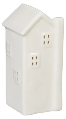 Productafbeelding van Relaxdays Theelichthouder, keramiek, lampje voor 1 theelichtje, afmetingen (hoogte x breedte x diepte): 13,5 x 6 x 6 cm, witte theelichthouder in de vorm van een huis, AI-gegenereerde afbeelding