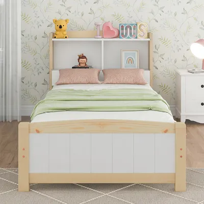 Produktbild von Bettgestell mit Lattenrost Kopfteil Matratze Kinderbett Massivholzbett Gästebett Einzelbett 90 x 200 cm Natürlich und Weiß