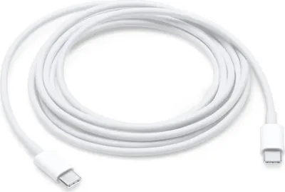 A white USB-C to USB-C charging cable coiled on a white background.