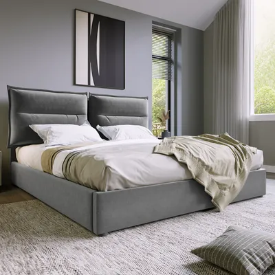 Immagine prodotto di MODFU, letto imbottito 140x200 cm, letto funzionale con sistema idraulico, schienale regolabile e spazio contenitore, rete a doghe in struttura metallica. Letto matrimoniale "da sogno" in velluto (senza materasso), colore grigio