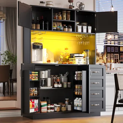 Produktbild von okwish Küchenschrank,Aufbewahrungsschrank mit LED Beleuchtung und Schubladen,Seitenboard,Hochschrank mit Snackregal und Getränkehaltern,Geeignet für Wohnzimmer oder Küch,Schwarz
