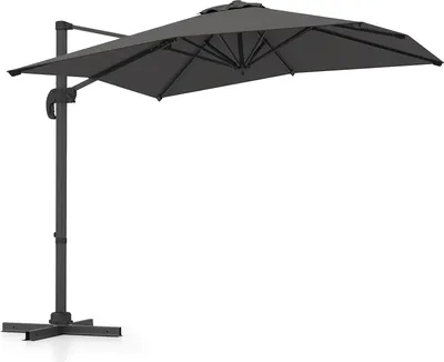A gray cantilever umbrella on a white background.