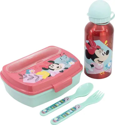Produktbild von Disney Minnie Maus 4 tlg Kinder Lunch Set Brotdose Alu-Trinkflasche Besteck