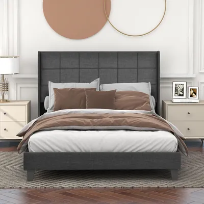 Produktbild von okwish Modernes Polsterbett mit gepolstertes Kopfteil Doppelbett mit Lattenrost, 140x200cm Grau Leinen (Ohne Matratze)