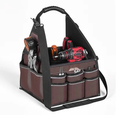 Produktbild von Offene Werkzeugtasche - Werkzeugtrage 31x31x41 cm - Viele Innen- & Außenfächer - Wasserabweisend Polyester - Mit Schultergurt - Mit Tragegriff - Für Handwerker