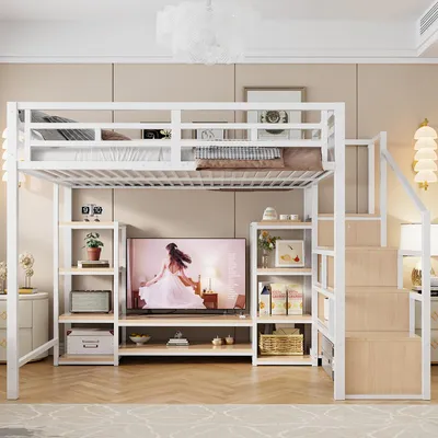 Zdjęcie produktu dla Łóżko piętrowe 140x200 cm, białe, metalowe, z MDF, z półką na telewizor, gniazdkiem elektrycznym i drabiną zabezpieczającą, idealne do sypialni