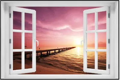 Produktbild von Wallario Wandbild mit Fenster-Illusion: Auf dem Weg zur Sonne  Steg am Meer, Größe: 61 x 91,5 cm, Poster mit schwarzem Aluminiumrahmen
