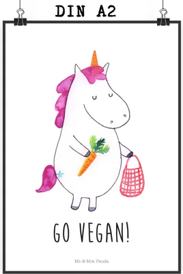 Produktbild von Mr. & Mrs. Panda Bild Einhorn Vegan DIN A2 - Weiß - Geschenk, Kunstdruck, Veganer, wanddeko, Unicorn, drucke, Plakat, Gesund essen, Rohkost, poster, Veganismus, Leben