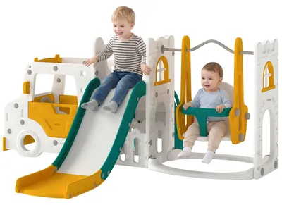 Produktbild von AIYAPLAY 7 in 1 Kinderrutsche mit Schaukel Tunnel Gartenrutsche mit Auto Lenkrad