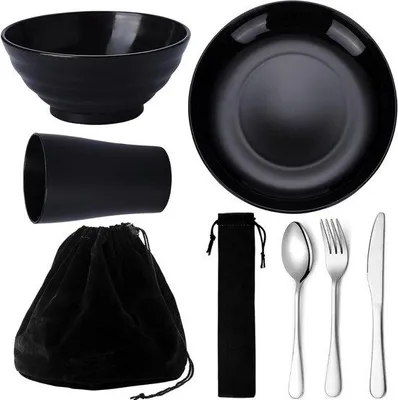 Image de Set de couverts de camping et vaisselle réutilisables pour 1 personne - léger et portable