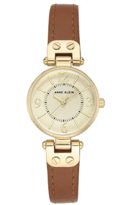 Produktbild von Anne Klein Damenuhr Armbanduhr gold farben mit braunem Lederarmband