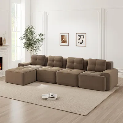 Produktbild von Modulares Ecksofa L-Form 4-Sitzer Cord Cloud Couch rahmenlose Wohnlandschaft mit Chaiselongue tiefes Schlafsofa Lounge Sofa bequem kein Aufbau Braun