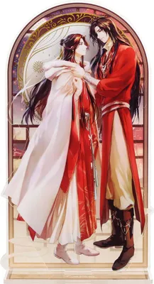 Two anime characters in traditional Chinese-inspired attire stand in front of a decorative stained-glass-like background.
