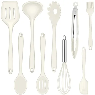 Produktbild von Set mit 9 Küchenutensilien, hitzebeständige Küchenhelfer zum Kochen und Backen – Weiß