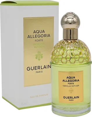 A bottle of Guerlain Aqua Allegoria Nerolia Vetiver Forte Eau de Parfum and its packaging are displayed against a white background.