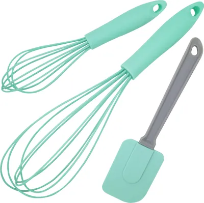 A set of kitchen utensils, including two whisks and a spatula, arranged on a white background.
