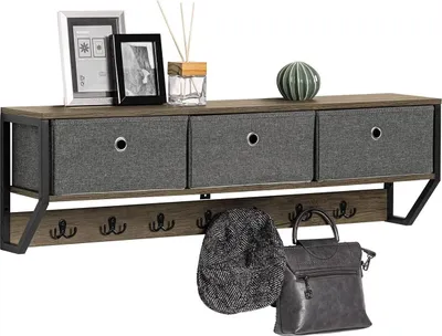 Immagine prodotto di SoBuy Appendiabiti da parete - Appendiabiti da parete - Appendiabiti da sala - Scaffale appeso con 3 cestini e 7 ganci - Metallo e legno