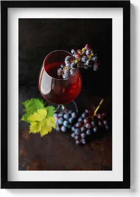 Produktbild von Glas Wein und Weintrauben– Wandbild mit Rahmen – Gerahmtes Bild  – Wanddekoration – 40x60 cm –  Schwarz
