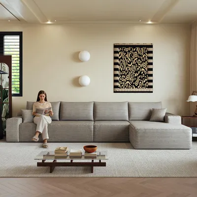Image de Canapé d'angle modulaire de 340 cm, sans accoudoirs, avec une méridienne en forme de L, canapé modulaire moderne avec une assise profonde. Pas d'assemblage requis