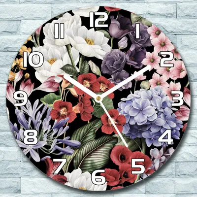 Produktbild von Wanduhr aus Glas Rund fi 30 Blühende Blumen Quarz Deko Wohnzimmer Büro